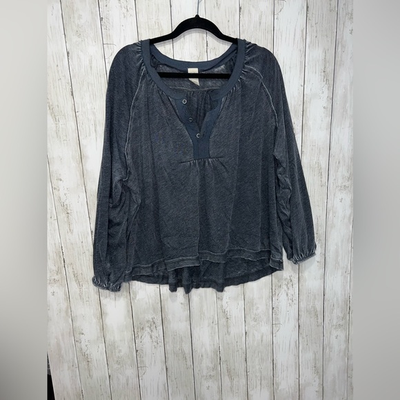 We The Free Puff Sleeve Acid Wash Blouse Button V Neck Medium Oversized Gray - Picture 1 of 10